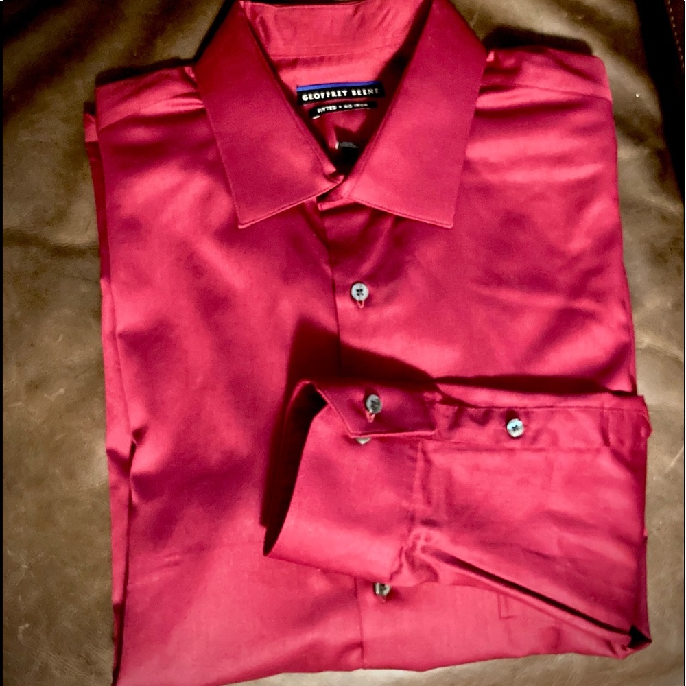 Deep red long sleeve dress shirt.